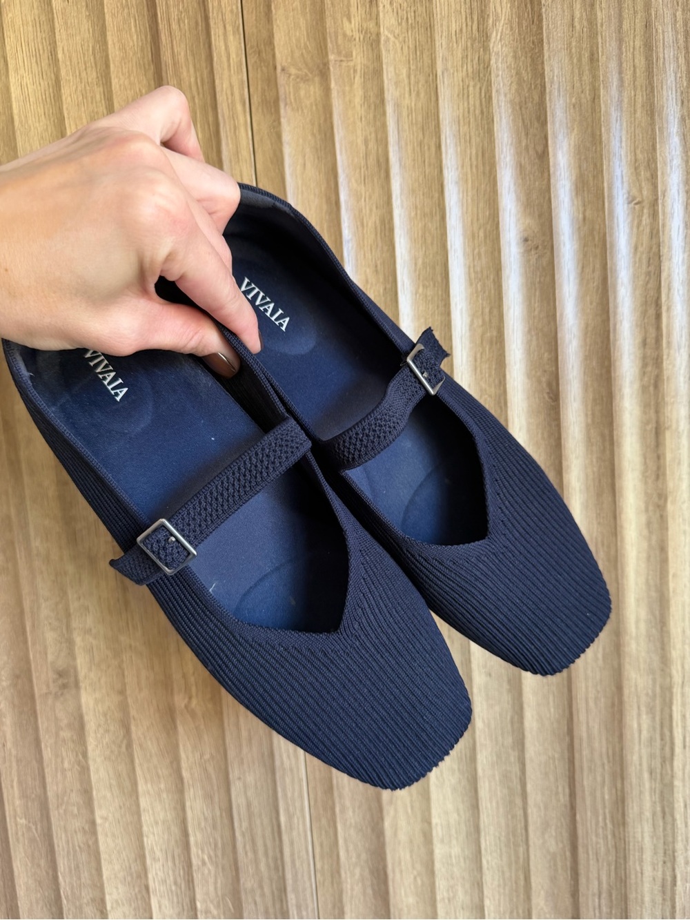 VIVAIA Navy Blue Ribbed Square Toe Margot Mary Jane’s Flats Shoes